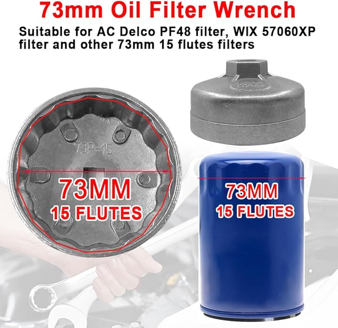 73-74mm Oil Filter Wrench, 15 Flutes Oil Filter Removal Tool Socket Compatible with AC Delco PF46/PF47/PF48/PF48e/PF63/PF64 Oil Filter for Chevy/Toyota/GM/Chrysler/Equinox 1.5L(1PC)
