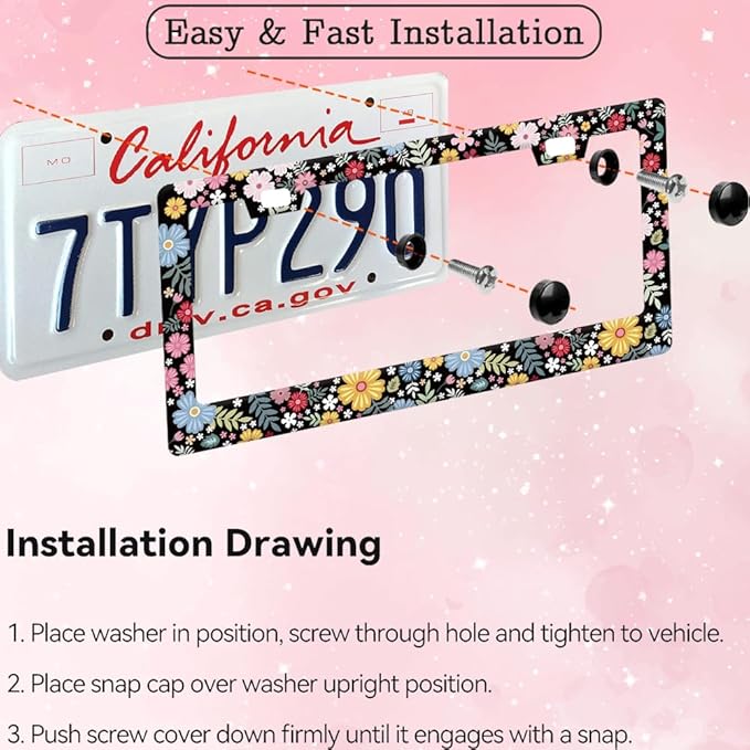 1pcs Hippie Flowers Floral License Plate Frame for Women,Yellow Black Plant Theme Floral car Decorative tag Frames Girly,Nature Flowers Floral License Plate Cover Holder for Vehicle with tag Keychain