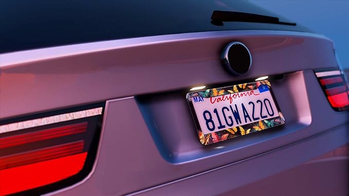 2PCS Beautiful Butterfly Pattern License Plate Frames for Men Women - Universal Aluminum Stainless Steel Personalized Car Tag Covers Holder with Screws, Caps, Rattle Proof Pads and Handlebar Stickers