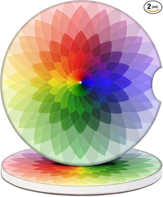 Car Cup Holder Coaster - Rainbow Flower Absorbent Ceramic Coaster 2 Pack, Car Coasters for Cup Holders, Fashion Car Interior Accessories Drink Coaster for Women & Men