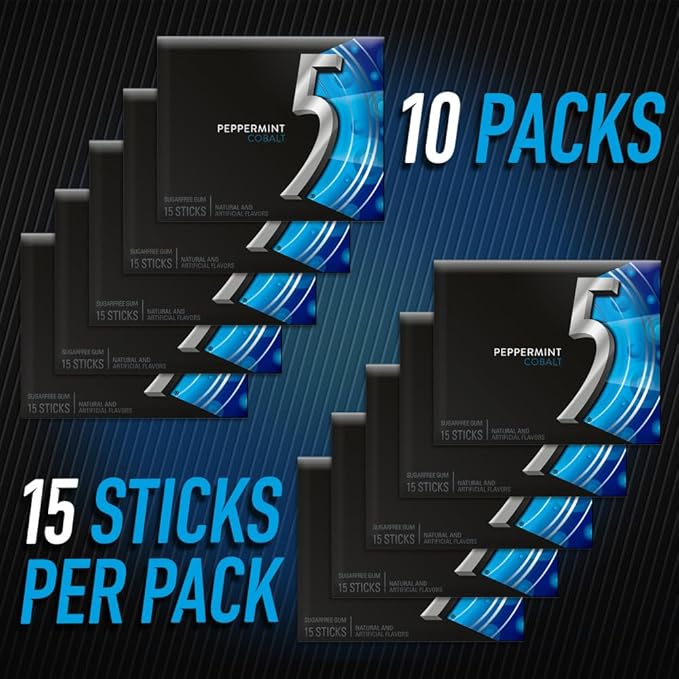 5 GUM Peppermint Cobalt Sugar Free Chewing Gum Bulk, Stimulate Your Senses While Listening to Your Favorite Music, Mini Purse Essentials, 15 Sticks (Pack of 10)