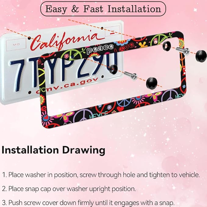 2pcs Hippies Peace Floral License Plate Frame for Women, Funny Love and Peace car Decorative tag Frames Girly, Hippie Peace Flower License Plate Cover Holder for Vehicle with car Keychain tag