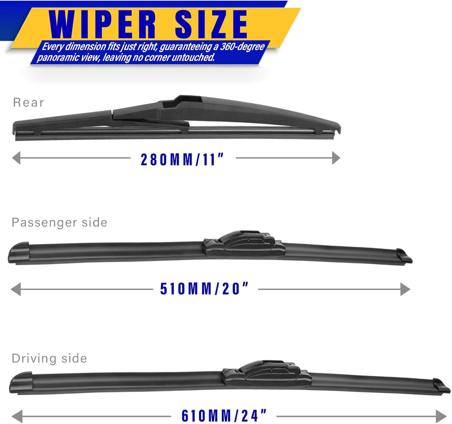 3 wipers Replacement for 2011-2015 Kia Sorento/2010-2019 Kia Soul/2018-2019 Kia Soul EV, Windshield Wiper Blades Original Equipment Replacement - 24"/20"/11" (Set of 3) U/J HOOK