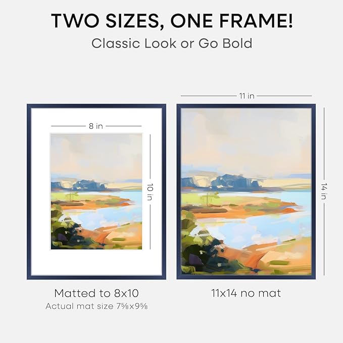 Homeforia 11x14 Picture Frame Navy Blue, High End Metal 11x14 Wall Hanging Frame with Mat 8x10, 11 x 14 Poster Frame Matted to 8 x 10 inch Photo, 11by14 Thin Frames, Tempered Glass, Wall Kit, Set of 1