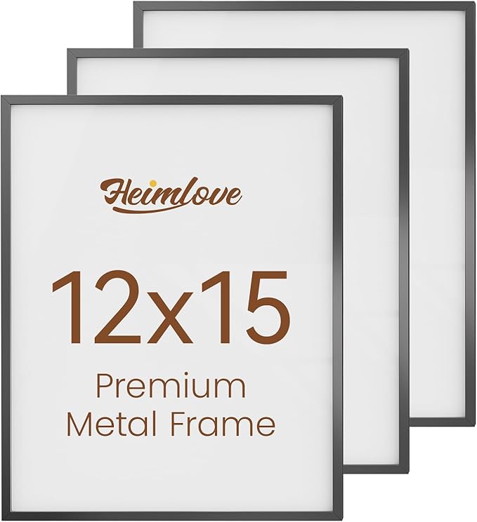 Heimlove 12x15 Metal Picture Frame,Black Aluminum Photo Frames-Real Tempered Glass,Wall Gallery Poster Puzzles Artwork frame Mounting Horizontally or Vertically Decor for Wall-3 Pack