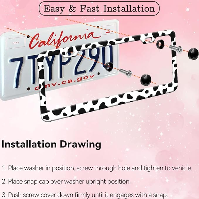 2pcs Cow White Black spot License Plate Frame for Women, Animal Cow Print car Decorative tag Frames Girly, Cute Metal License Plate Cover Holder for Vehicle with Double Sided car Keychain tag