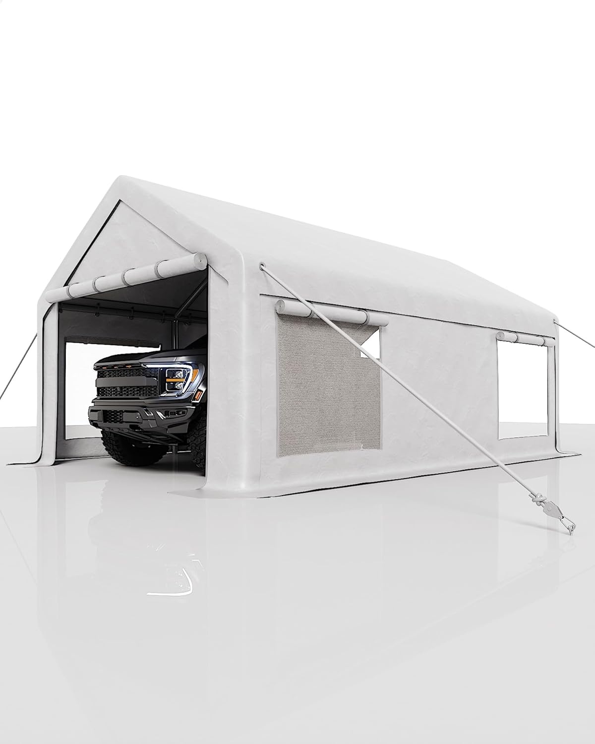 12x20 Ft Carport, Car Port with 200g PE Tarp, Roll-Up Doors, and 4 Windows, for Full-Size Pickups, Bass Boats, Tractors, and SUVs, White