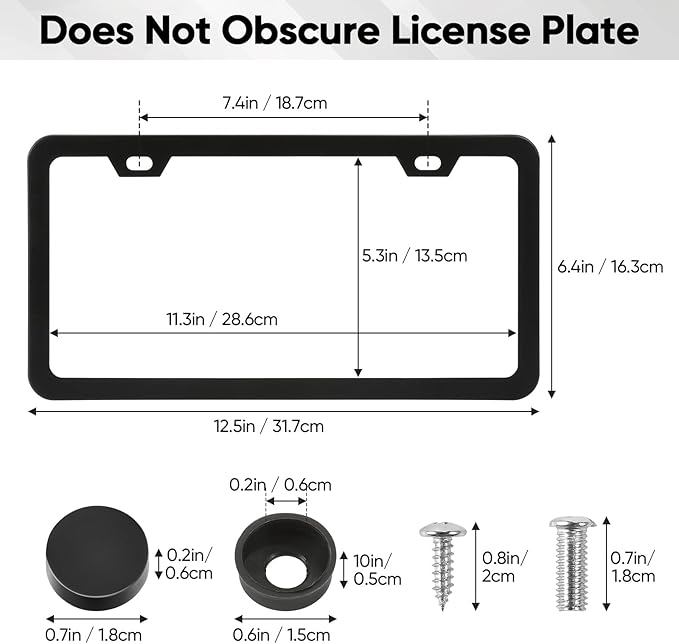 2 Pack License Plate Frames, 2 Holes Matte Black License Plate Frame,Aluminum License Plate Holder with Free Screws Fasteners Caps and Tool