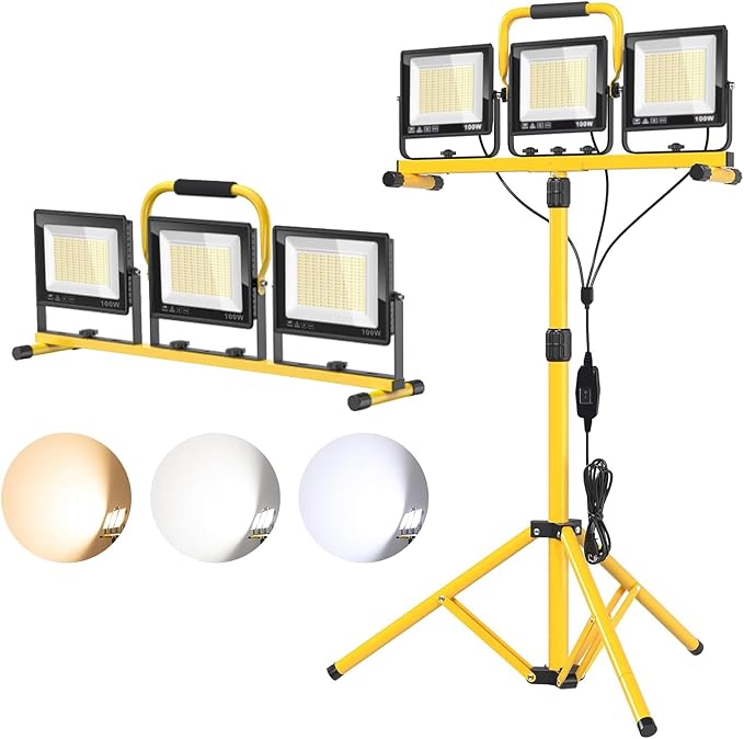 32000LM LED Work Light with Tripod, 3x100W 3-Head Floodlight, Plug-in 120V, 3 CCT 3000K/5000K/6500K, 360° Adjustable, IP66, 43.7-65.4 in, 16.4 ft Cord, Portable Telescoping Stand for Jobsite/Workshop