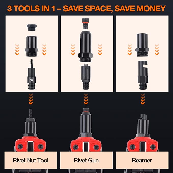 3-in-1 Rivet Nut Tool, Hand Rivet Gun, Reamer Set, Rivnut Tool Kit with 6 Metric & 4 SAE Mandrels, 5 Rivet Heads, 111 Rivet Nuts, 83 Rivets, Carrying Case, Riveter for Car, Home, DIY Projects