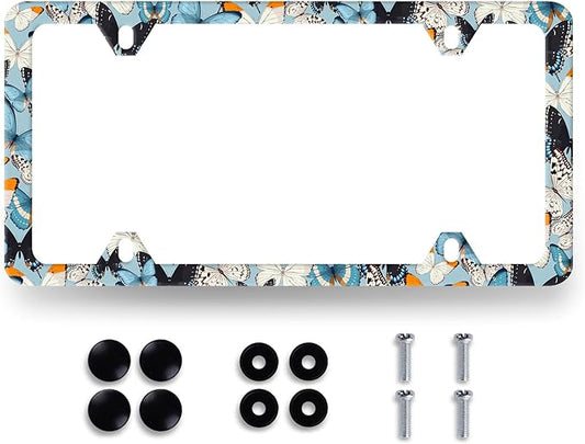 Butterfly License Plate Frame Blue White Butterfies License Plate Stainless Steel Funny Accessory Cars Decor for Men Women 12.2 X 6.2 Inch with 4 Holes and Screws Fits Standard Us Ca Vehicles