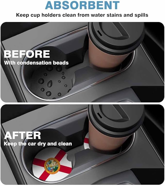 State of Florida Flag Car Coasters for Cup Holders Car Cup Holder Coasters 2 Pack for Car, Anti Slip Ceramic Car Cup Mat with Finger Notch Cute Car Interior Accessories for Women Men