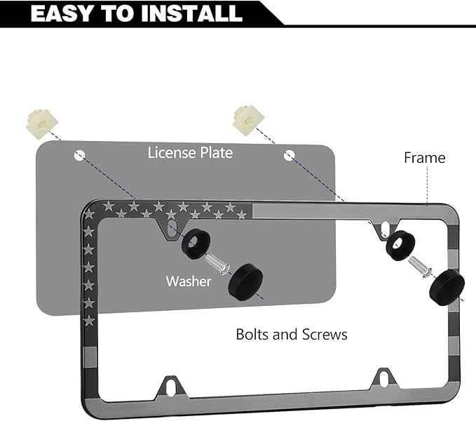 American Flag License Plate Frames, 2 Pack Black Patriotic USA Car Plate Frame, Aluminum License Plate Holder with Free Screws Fasteners Caps and Tool