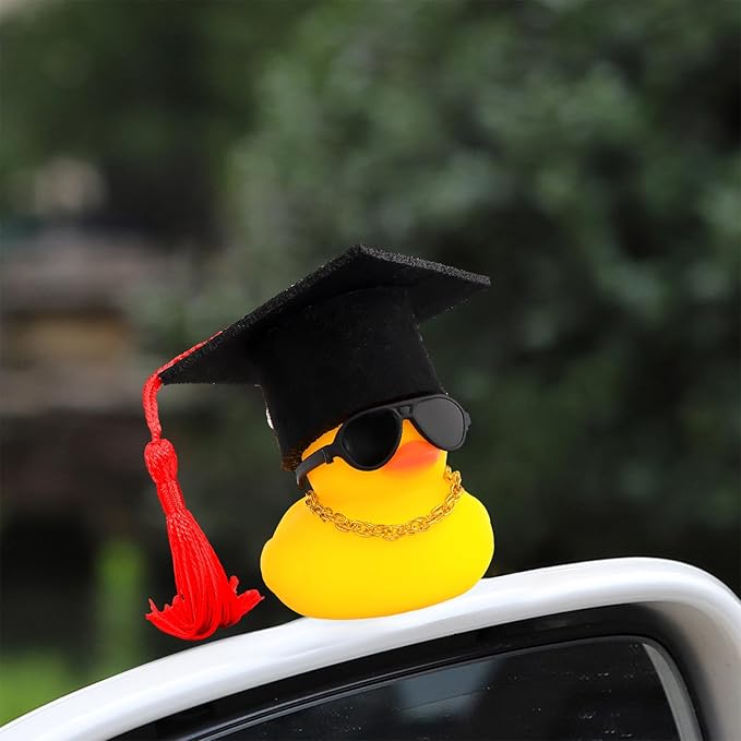 wonuu Car Dashboard Decor Graduation Hat Rubber Duck, Car Ducks Ornaments with Mini Hat Necklace Sunglasses Scarf (Red)