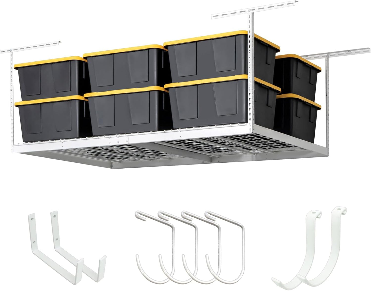 SafeRacks 4 ft x 8 ft Overhead Storage Rack Adjustable 24 in - 45in Height (White) With Accessory Pack With 8-Piece Deluxe Hook Accessory Pack