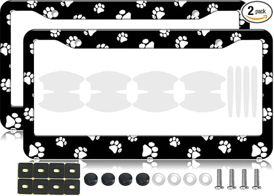 2PCS Black White Dog Paw Pattern License Plate Frames for Men Women - Universal Aluminum Stainless Steel Personalized Car Tag Covers Holder with Screws, Caps, Rattle Proof Pads and Handlebar Stickers