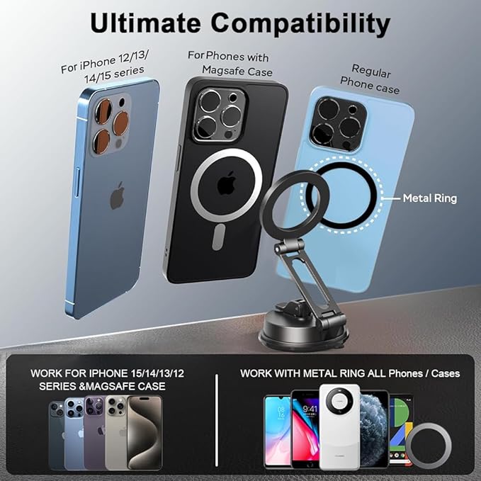 Magnetic Car Dashboard Phone Holder（with Magnetic Phone Lanyard with Ring Holder），Magnetic Dash Phone Holder for Car,One-Hand Operation,360-Degree Adjustable