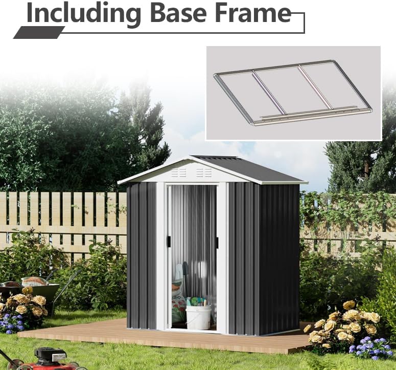 5x3 FT Outdoor Storage Shed, Metal Garden Shed with Frame Floor, Small Outside Tool Shed with Lockable Sliding Doors & 4 Air Vents, Waterproof Storage Building for Backyard, Patio, Lawn, Gray