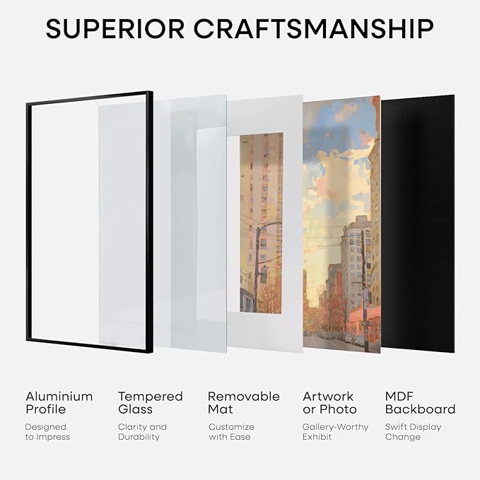 Homeforia 24x36 Picture Frame Black, High End Metal 24 x 36 Large Poster Frames with Mat 20 by 30 inch Photo, 24x36 Thin Frame Matted to 20x30 in Print, 36x24 Frame, Tempered Glass, Wall Kit, Set of 2