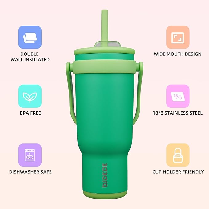 BJPKPK 40 OZ Insulated Travel Tumbler with Handle and Straw, Stainless Steel Water Bottle, Double Wall Vacuum Insulated Mug, for Work, Car, Travel, Olive Green
