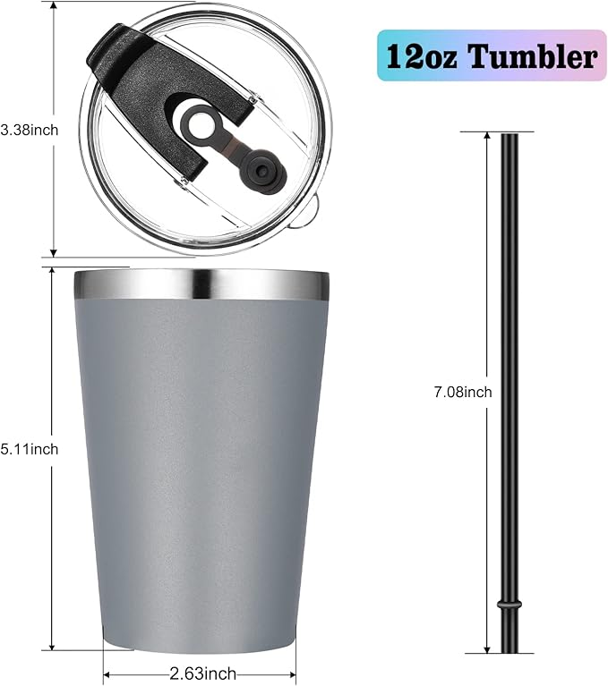 VEGOND 12oz Tumbler Stainless Steel Tumbler bulk Vacuum Insulated Double Wall Travel Tumbler with Lid and Straw Reusable Tumbler, Grey 12 Pack