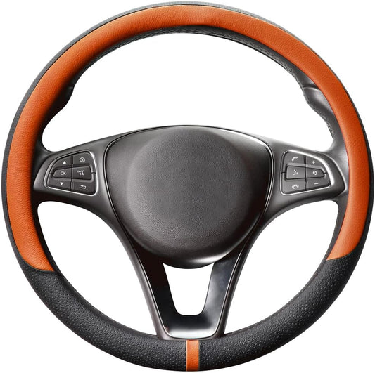 COFIT Breathable Car Steering Wheel Cover 15 inch Auto Universal Leather Wrap Non-Slip Steeringwheel Protector Automotive Interior Accessories, Orange (Suit for 14.5-15 inch)