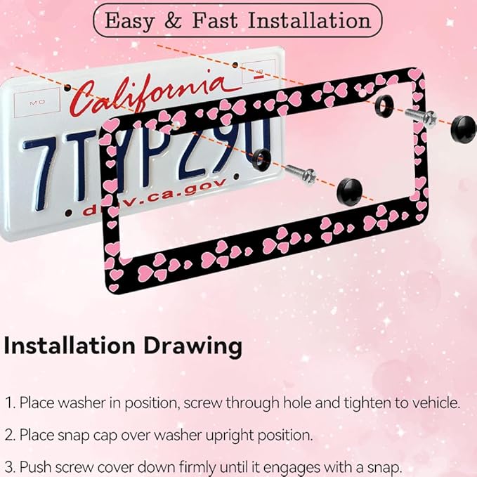 2pcs Pink Love Heart License Plate Frame for Women, Pink Love Hearts car Decorative tag Frames Girly,Beautiful License Plate Cover Holder for Vehicle with Double Sided car Keychain tag