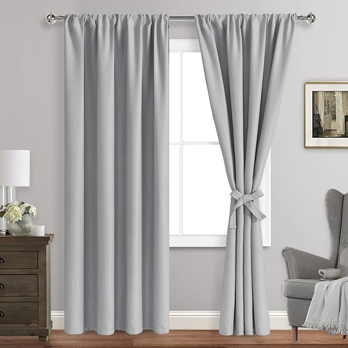 JIUZHEN Thermal Insulated Blackout Curtains with Tiebacks, Energy Saving Room Darkening Curtains, Rod Pocket Curtains for Bedroom Living Room, 42 x 84 Inch Length, Silver Grey
