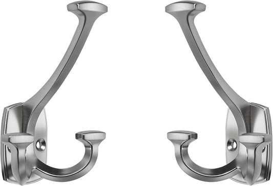 Large Wall Double-Sided Hook 5 Pack Brushed Satin Nickel Hook Decorative Heavy Duty Solid Large Coat Hooks for Towel Hanging Coats Robe Towel Bags Door Back 2 Prong Hooks