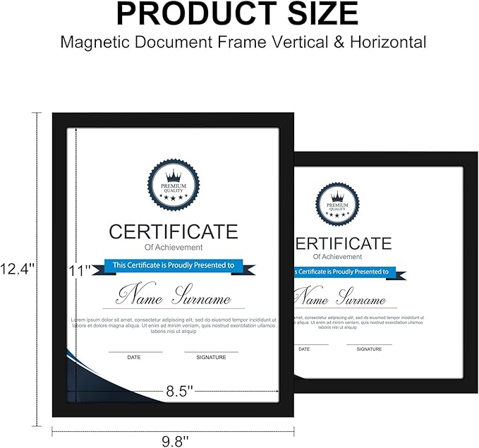 8.5 x 11 Certificate Frames Set Of 6, Self Adhesive Picture Frames 8.5 x 11, Magnetic Diploma Frame for Wall Display, Document Frames For Home Office, Horizontal or Vertical, Black