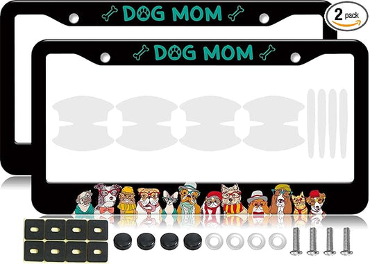 2PCS Dog Mom Pattern License Plate Frames for Men Women - Universal Aluminum Stainless Steel Pet Personalized Car Tag Covers Holder with Screws, Caps, Rattle Proof Pads and Handlebar Stickers