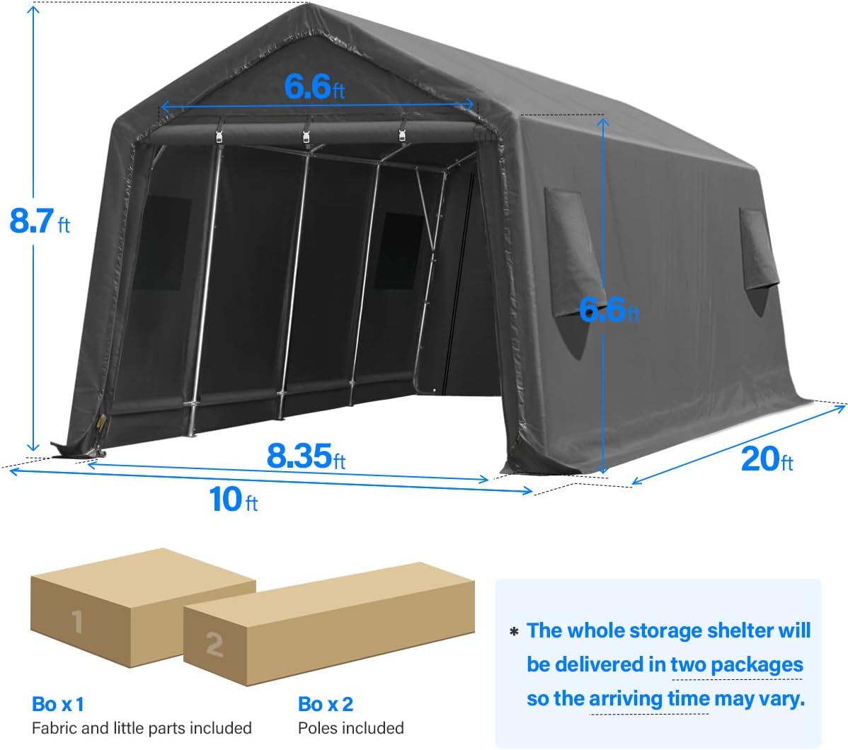 ADVANCE OUTDOOR Heavy Duty 10x20 ft Carport Outdoor Patio Portable Canopy Storage Shelter Shed with 2 Roll up Zipper Doors & Vents for Snowmobile Garden Tools, Gray