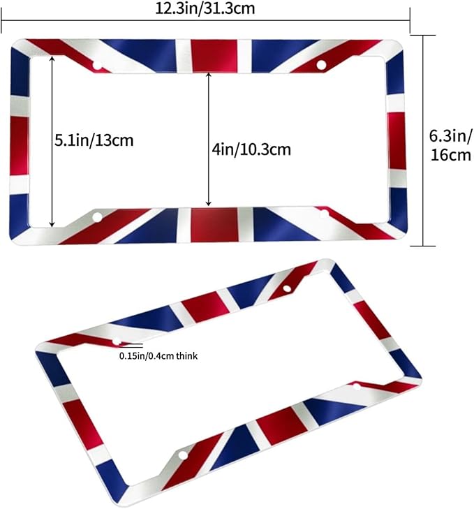British United Kingdom Flag License Plate Frame - 1 Pack Personalized Union Jack License Plate Holder Aluminum Metal Car Tag Cover with 4 Holes Decoration for US Vehicle Standard for Women Men