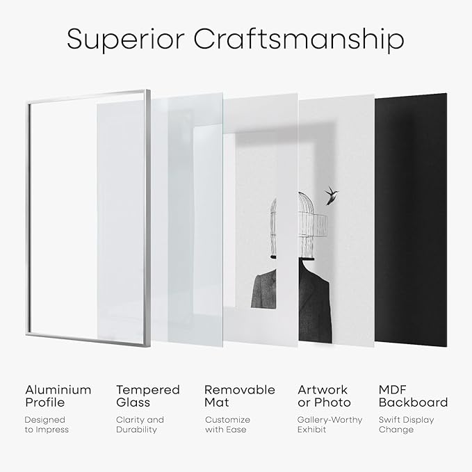 Homeforia 13 x 19 Frame Silver, High End Metal 13 x 19 Picture Frames with Mat 11 by 17 Photo, 13x19 Silver Poster Frame Matted to 11x17 Print, 19x13 Hanging Frames, Tempered Glass, Wall Kit, Set of 1