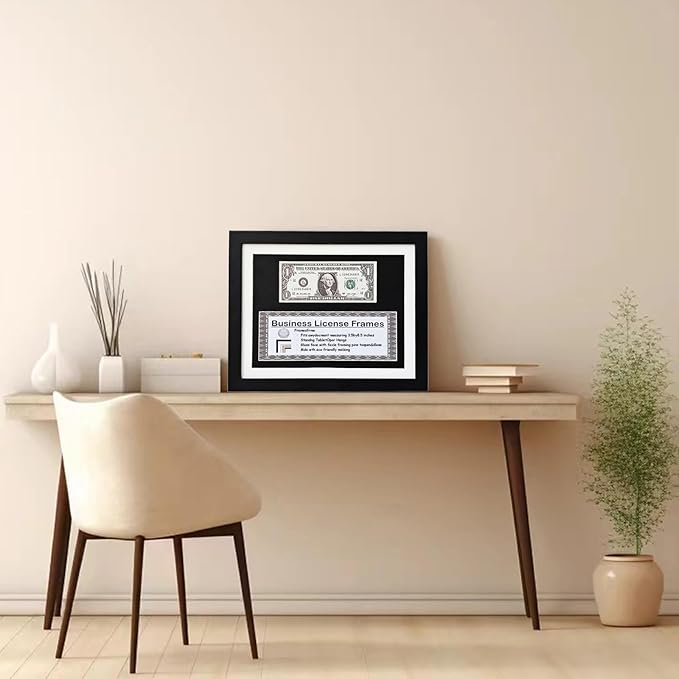 8.5x11 Business License Frame, Black Wood Grain Finish, UV Resistant, Holds 1st Dollar & 3x8.5 License, Includes Easel & Wall Hanger
