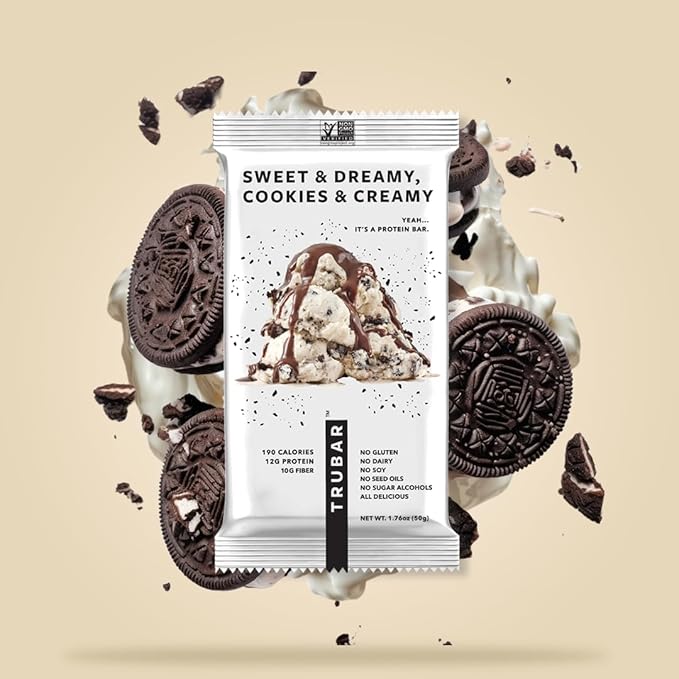 TRUBAR Vegan Protein Bar, Sweet & Dreamy Cookies and Creamy, Gluten Free, Plant Based Protein, Dairy Free, Non GMO, Soy Free, No Sugar Alcohols, 12G Protein, 12G Fiber, 23G Carb, On the Go Snack Bars, 12ct