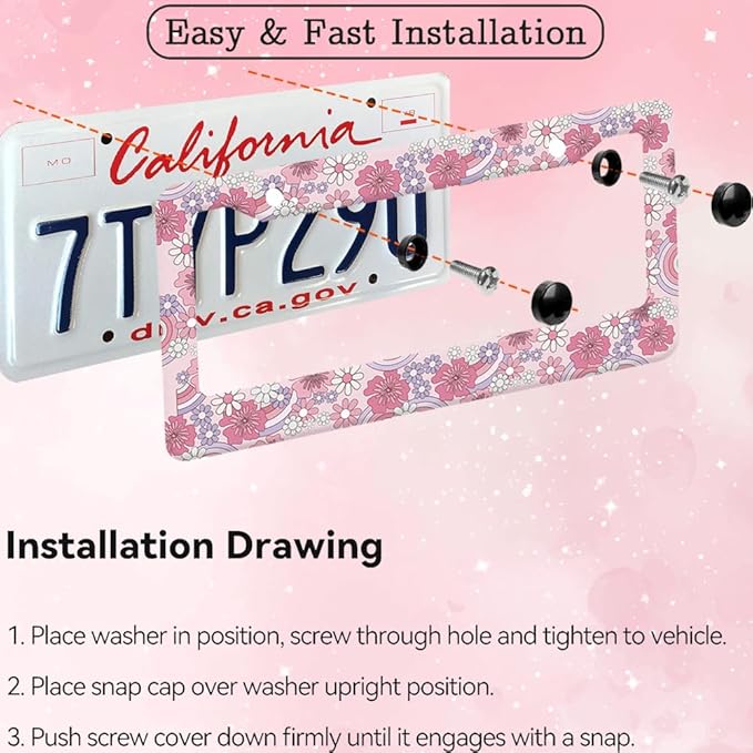 2pcs Hibiscus Rainbow Floral Flower License Plate Frame for Women,Inspirational Pink Florals car Decorative tag Frames Girly,hot Pink Hibiscus Floral Flower License Plate Cover Holder for Vehicle