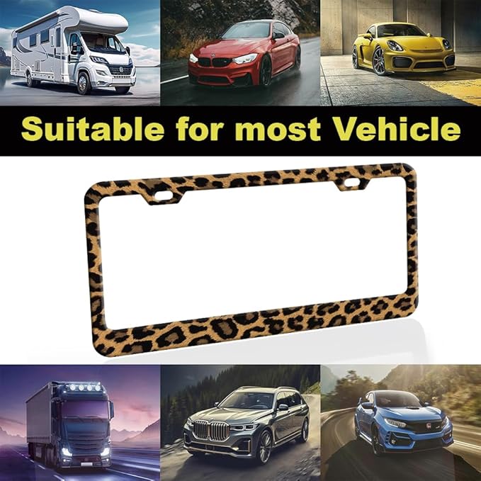 2pcs Brown Cheetah Leopard Print License Plate Frame for Women, Cheetah Leopard Brown car Decorative tag Frames Girly Animal License Plate Cover Holder for Vehicle with car Keychain tag