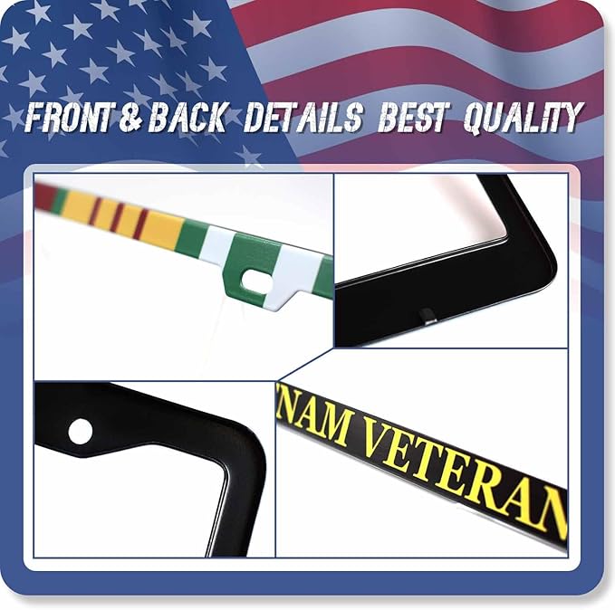 1PCS Vietnam Veteran License Plate Frame Holder - USA Stars and Stripes Auto Universal Aluminum Matte Car Tag Holder Covers with Sticker & Screws for Men