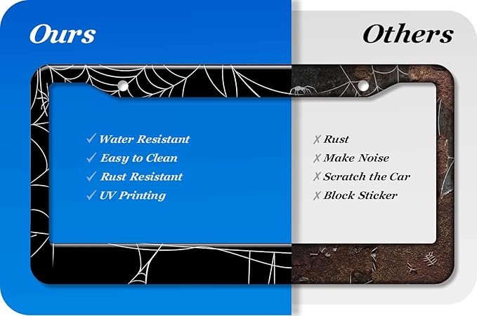 2PCS Spider Web Pattern License Plate Frames for Men Women - Universal Aluminum Stainless Steel Personalized Car Tag Covers Holder with Screws, Caps, Rattle Proof Pads and Handlebar Stickers