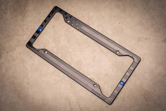 TACTILIAN American Flag License Plate Frame - Subdued 3D Embossed USA Flag in Black Gloss on Matte Finish for Car, Truck or SUV (Thin Blue Line)