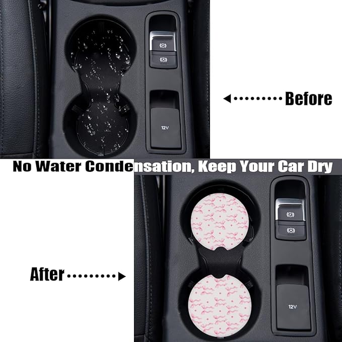 Cup Holder Coaster for Car, 2 Pack Car Coasters for Cup Holders, Cork Base Car Cup Coasters for Drinks, Universal Aesthetic Car Accessories for Women Men, Table Coaster Home Decor (Pink Bow Ribbon)