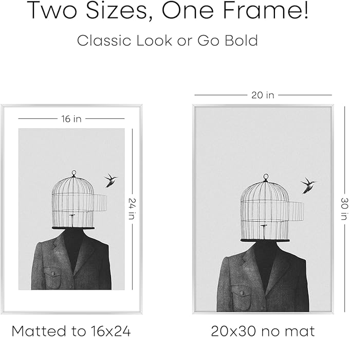 Homeforia Poster Frame Silver 20x30, High End Metal 20 x 30 Picture Frame with Mat 16 x 24 for Photo, 20x30 Silver Frames Matted to 16x24 Print, 30x20 Hanging Frame, Tempered Glass, Wall Kit, Set of 3