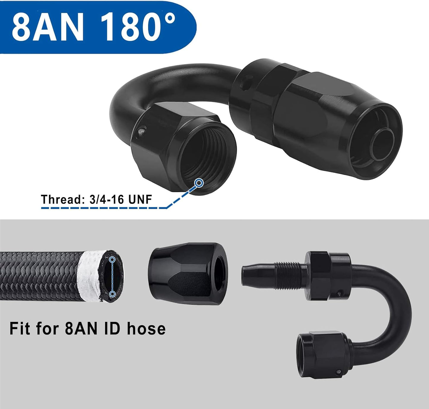 LokoCar 8AN Hose End Fitting 180 Degree Swivel For CPE Braided Hose Black 2Pcs