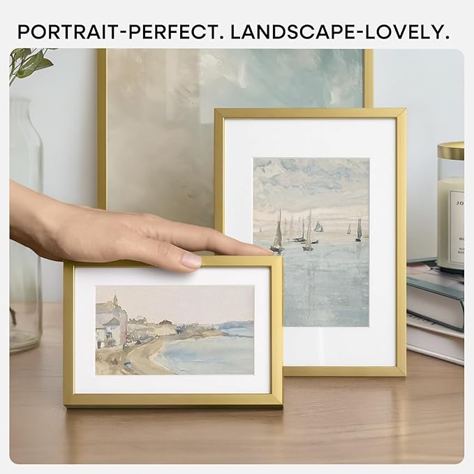Homeforia 8.5 by 11 Picture Frame Gold, High End Metal 8.5x11 Poster Frames with Mat 6x8 Photo, 8.5 x 11 Frame Matted to 6 x 8 Print, 8.5by11 Wall or Tabletop Frame, Tempered Glass, Wall Kit, Set of 1