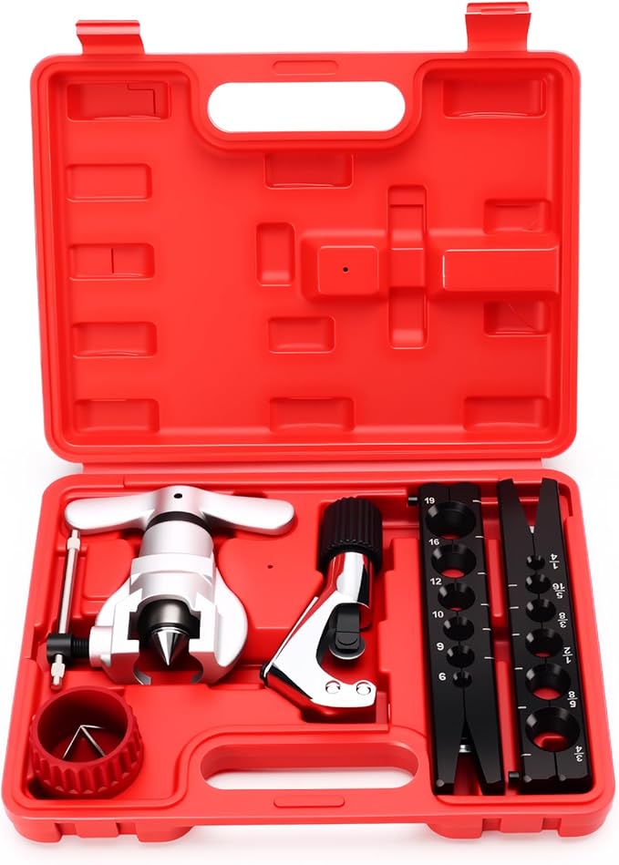 Flaring Tool Kit, HVAC Pipe Expander Tool, 1/4'' - 3/4'' and 6-19mm 45° Eccentric Single Flare Tool with Tubing Cutter and Cylinder Style Deburring Tool for Copper Tube Expander
