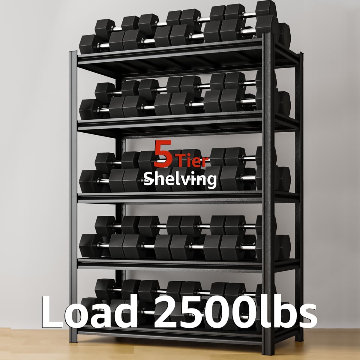 5 Tier Metal Shelving Unit, 72" H x 48" W Adjustable Storage Shelves, Heavy Duty Garage Shelves for Warehouse, Basement, Kitchen, Pantry, Living Room, 2500LBS, Black, 18" D