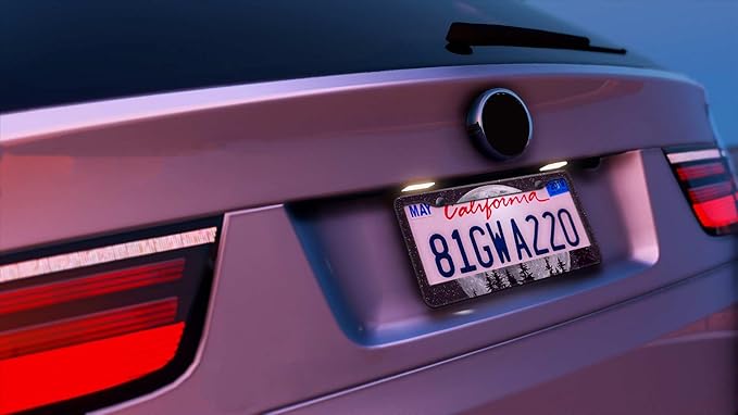 2PCS Full Moon Pattern License Plate Frames for Men Women - Universal Aluminum Stainless Steel Personalized Car Tag Covers Holder with Screws, Caps, Rattle Proof Pads and Handlebar Stickers
