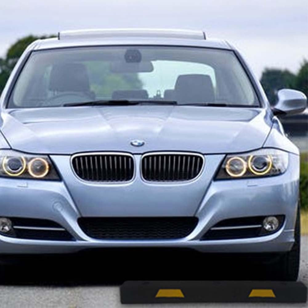 Plasticade 4' Rubber Car Parking Stop with Asphalt Hardware, Maintenance Free, Embedded Yellow Reflective Stripes for Added Visibility and Pre-Drilled Holes for Easy Installation, Made in The USA