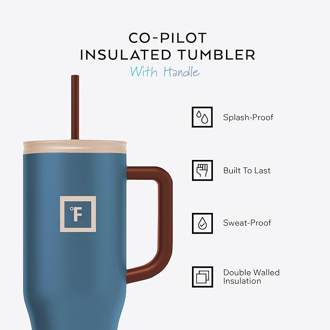 IRON °FLASK Co-Pilot Insulated Mug w/Boot, Straw & Flip Cap Lids - Cup Holder Bottle for Hot, Cold Drink - Leak-Proof - Water, Coffee Portable Travel Mug - Azure Mist, 40 Oz